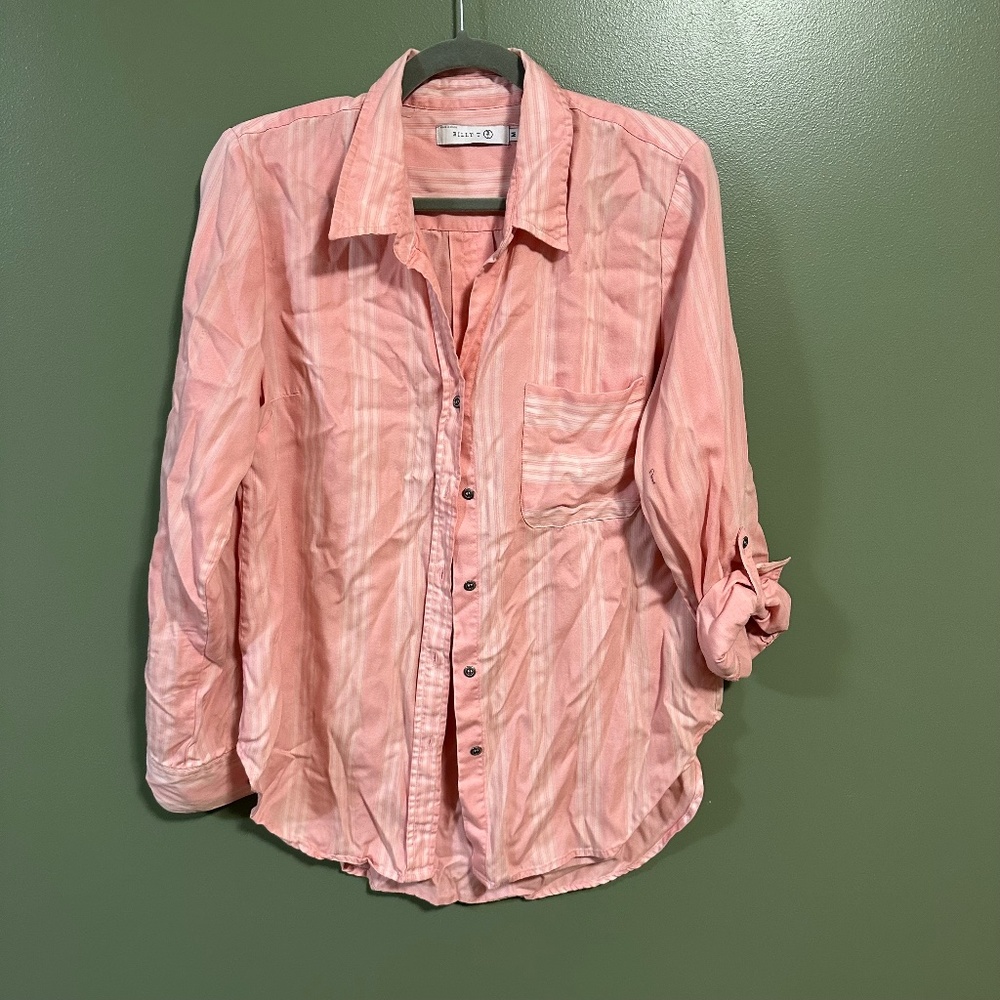 Billy T Button up blouse collared shirt pink striped Medium M